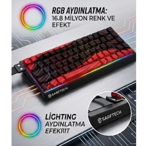 SARF1 Siyah Manyetik Switch RGB Gaming Oyuncu Klavyesi 68 Tuş Türkçe Q | Özel Yazılım Destekli | Taşıma Bantlı
