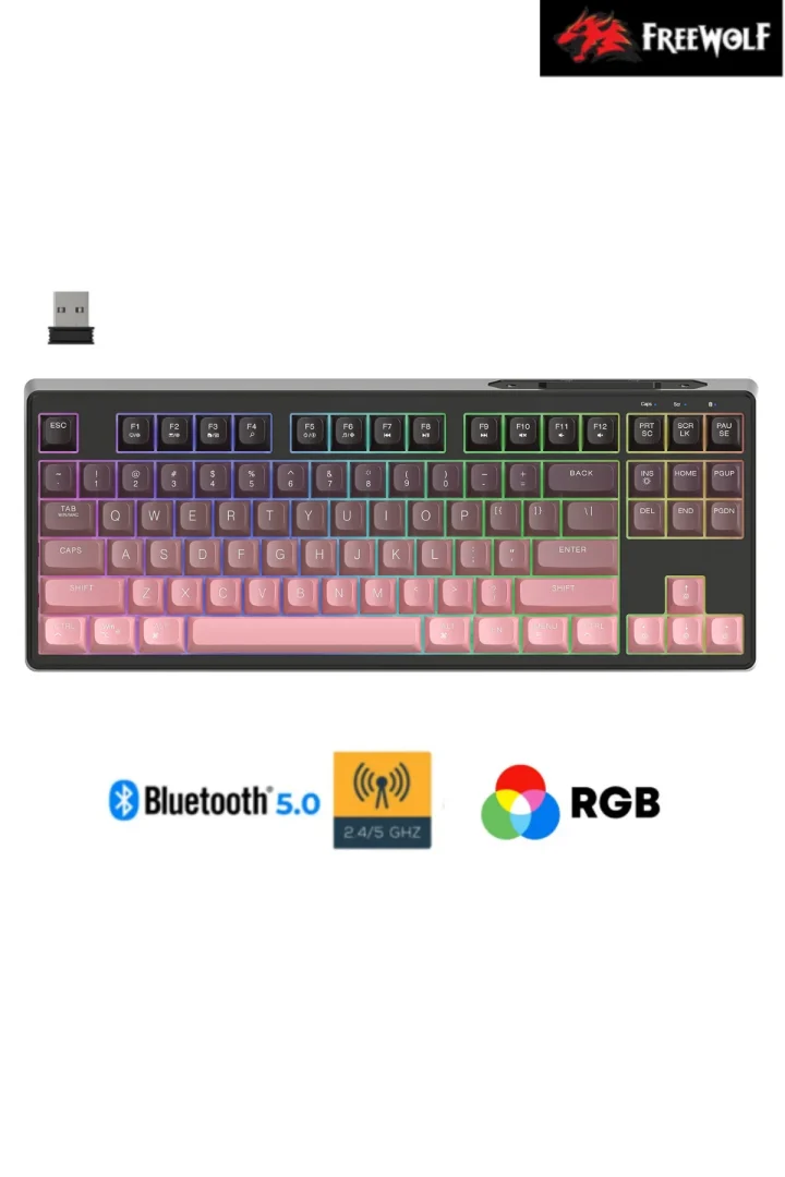 Freewolf M87 PBT Tuş Mebran Triple Bağlantı Modu Reinbow Aydınlatmalı Gaming Oyuncu Klavyesi - BlackBerry