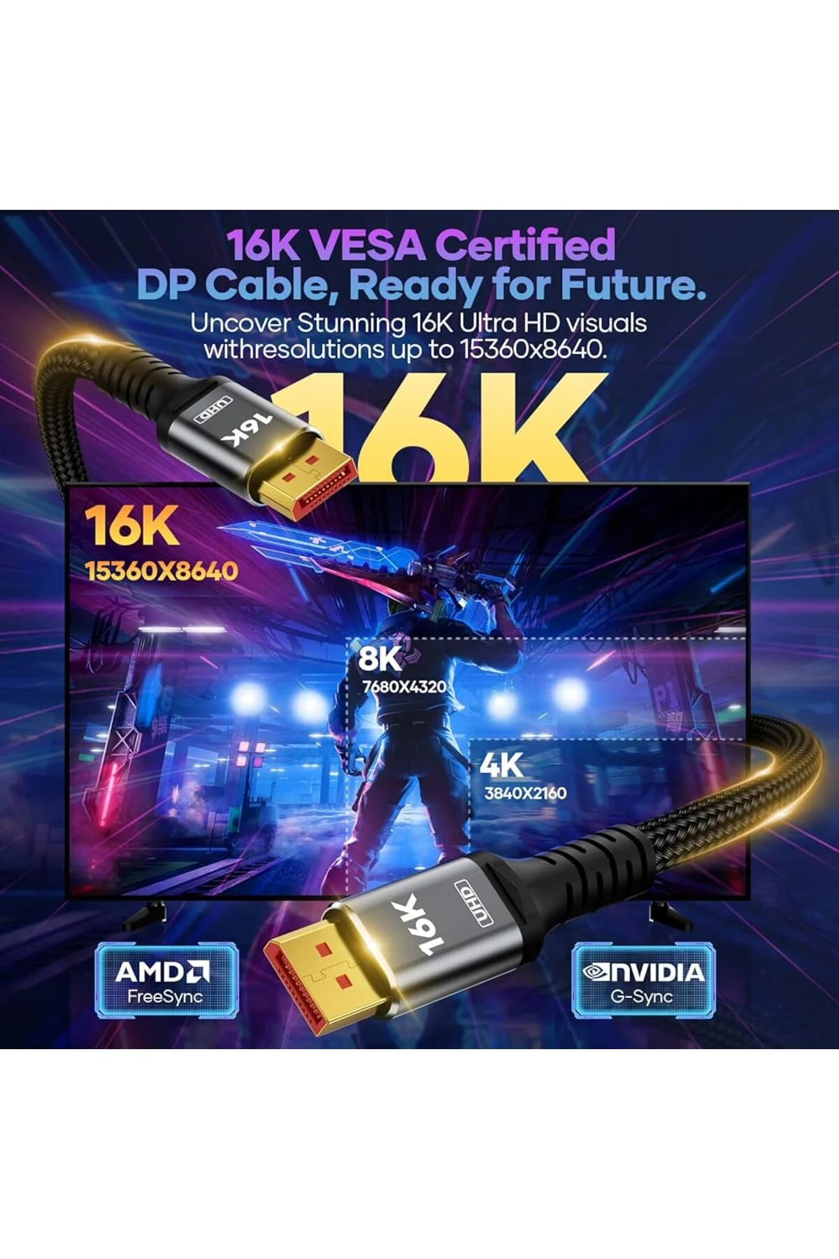 16k Displayport Dp Kablo Örgülü 2 Metre 2.1 Versiyon Dp Kablo Gaming Sinema Yüksek Kalite Dp Kablo