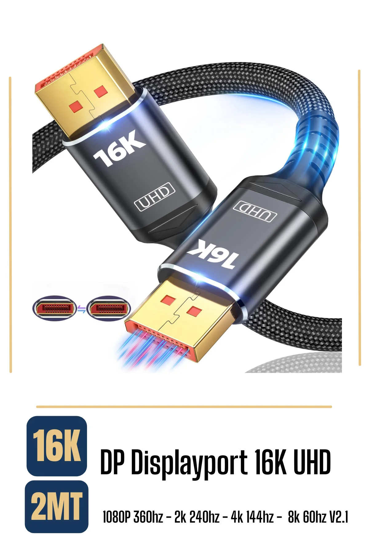16k Displayport Dp Kablo Örgülü 2 Metre 2.1 Versiyon Dp Kablo Gaming Sinema Yüksek Kalite Dp Kablo