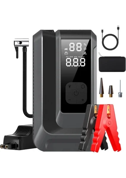 18000MAH Kompresörlü Akü Takviye Cihazı 1200 Amper 4’ü 1 Arada Jump Starter