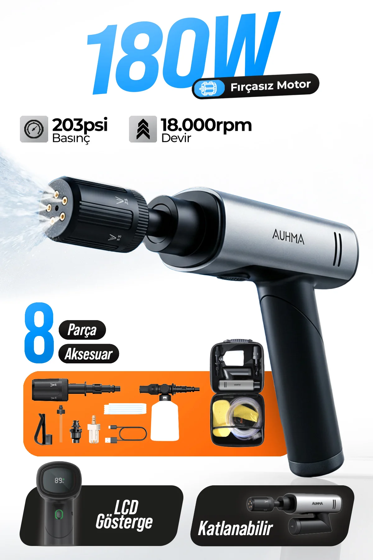 180W LCD Led Ekranlı Kablosuz Katlanabilir Araç Yıkama Makinesi 203 Psi Yüksek Basınçlı Şarjlı Oto Yıkama