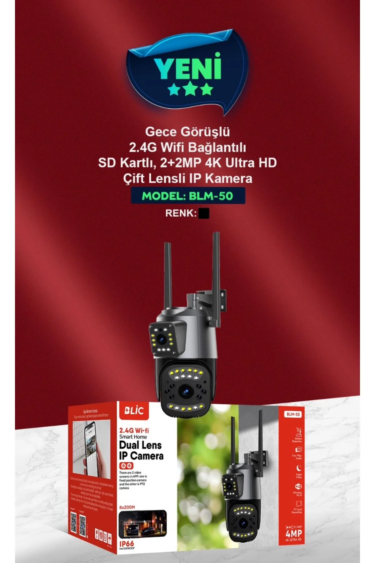 2+2 Mp HD 4K IP Yoosee Türkçe Kamera Wifi Hareket Takipli Gece Sensörlü Güvenlik Kamerası Blm-50