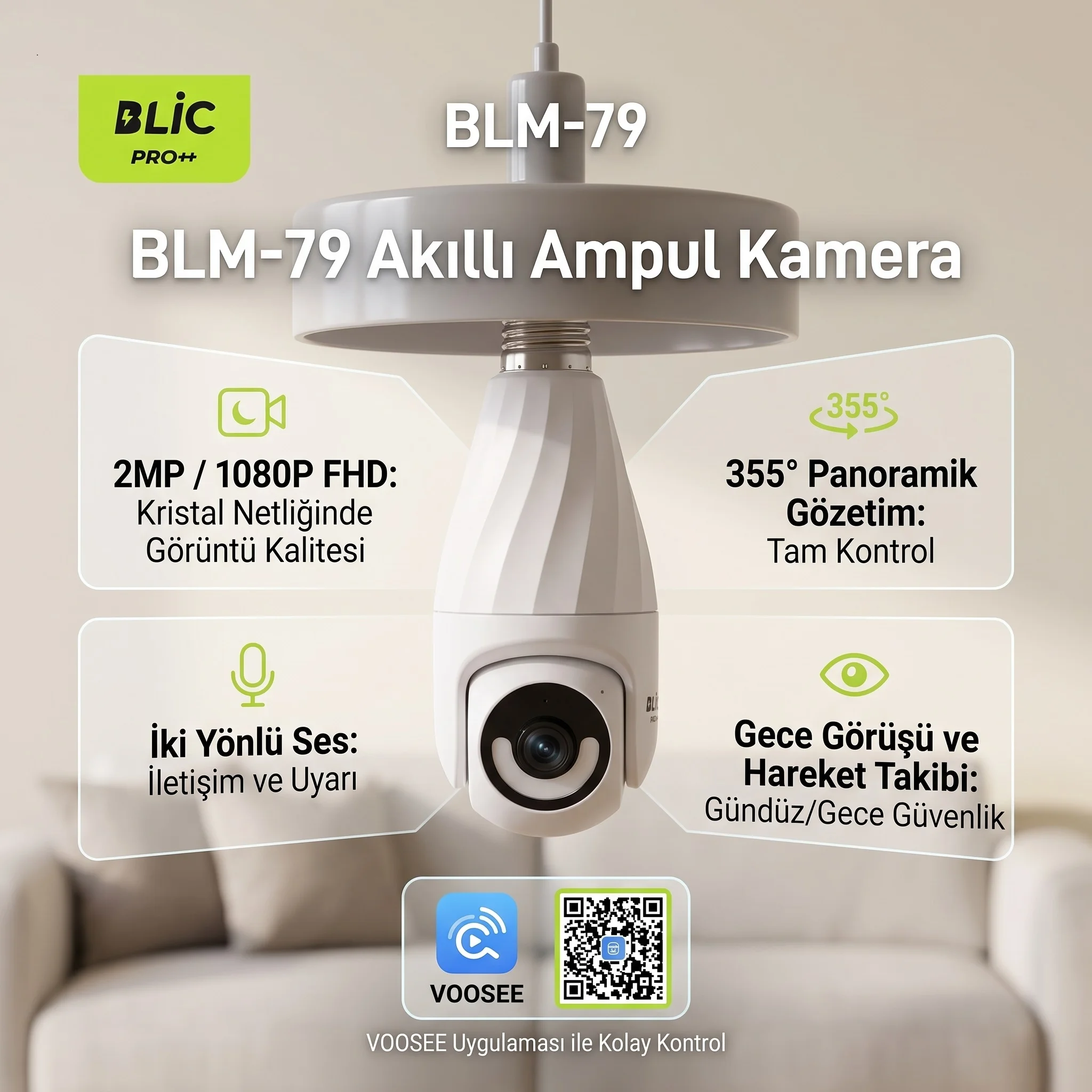 2.4G Wifi Bağlantılı 1080p Çözünürlüklü 2mp Full HD Akıllı Ampul Kamera