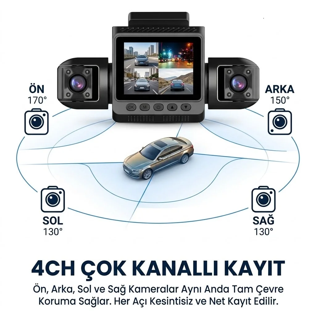 4 Kameralı (Geri Görüş Kamerası Dahil) Full HD 1080P WiFi Araç İçi Kamera Seti -9720