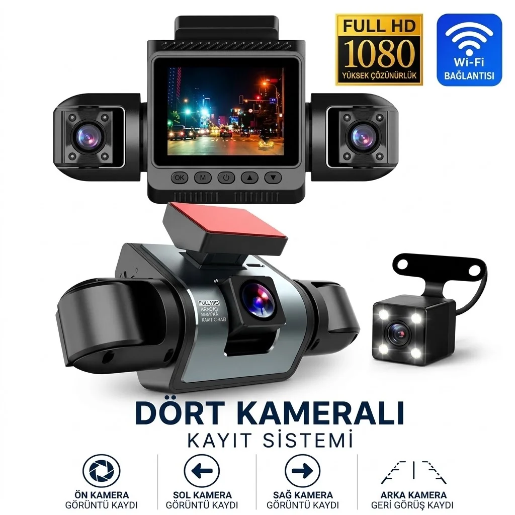 4 Kameralı (Geri Görüş Kamerası Dahil) Full HD 1080P WiFi Araç İçi Kamera Seti -9720