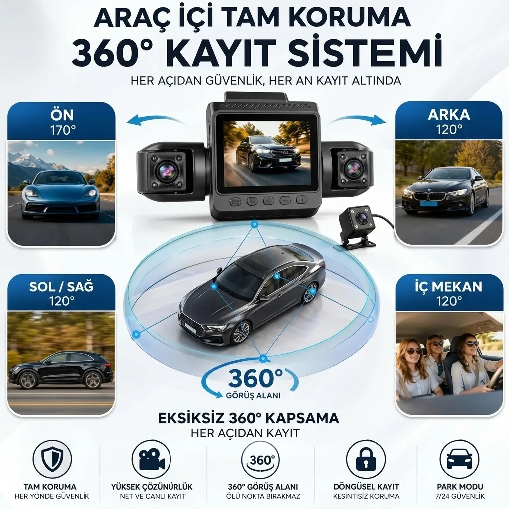 4 Kameralı (Geri Görüş Kamerası Dahil) Full HD 1080P WiFi Araç İçi Kamera Seti -9720