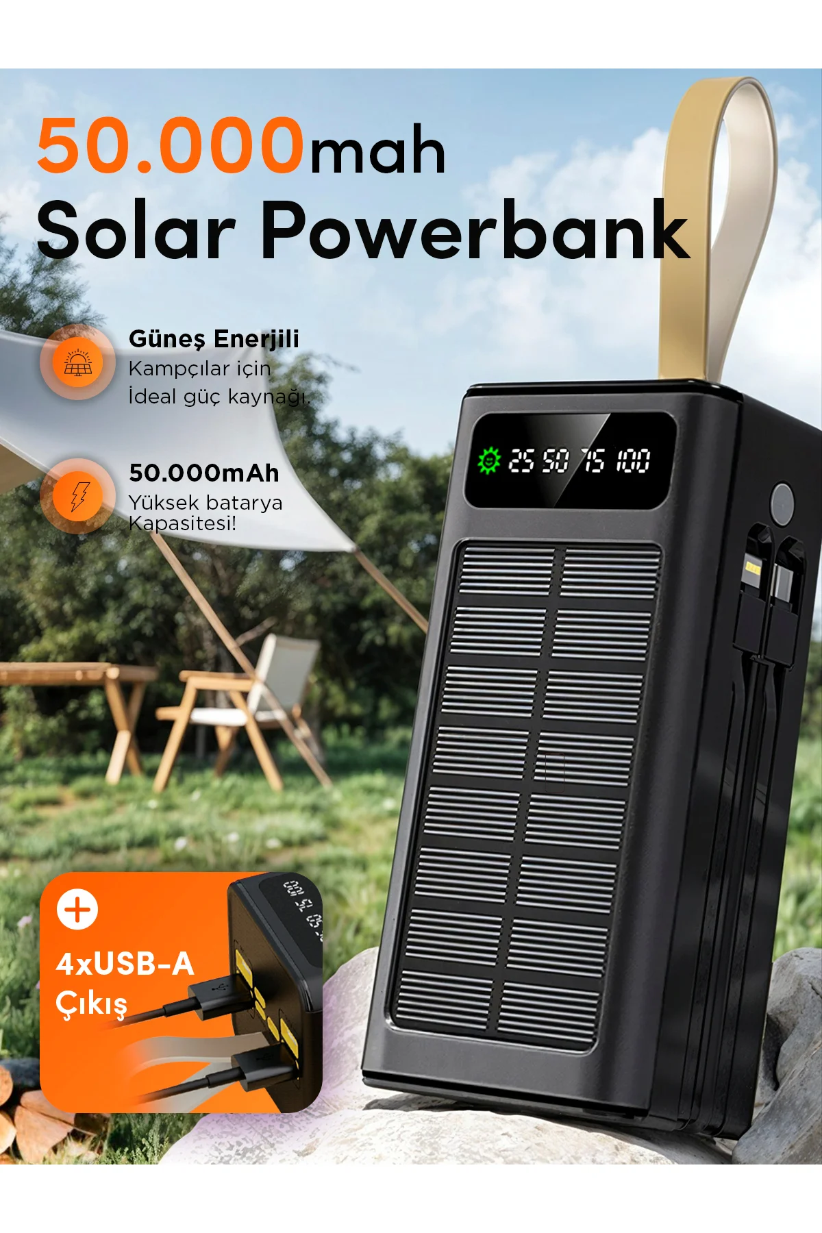50.000mAh Solar Powerbank | Güneş Enerjili Taşınabilir Şarj Aleti | LCD Ekranlı