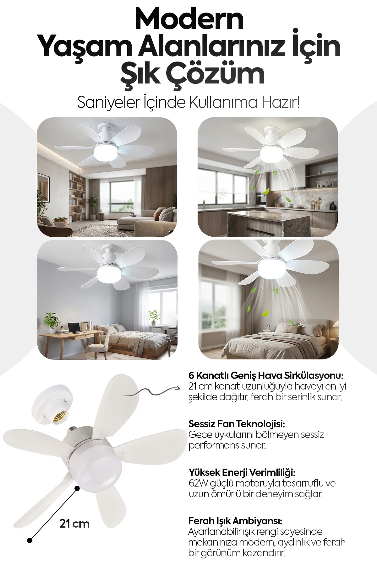 6 Kanatlı Uzaktan Kumanda Tavan Vantilatörü Fanı Sessiz Çalışma Işıklı 3 er Hız Renk Parlaklık Modu