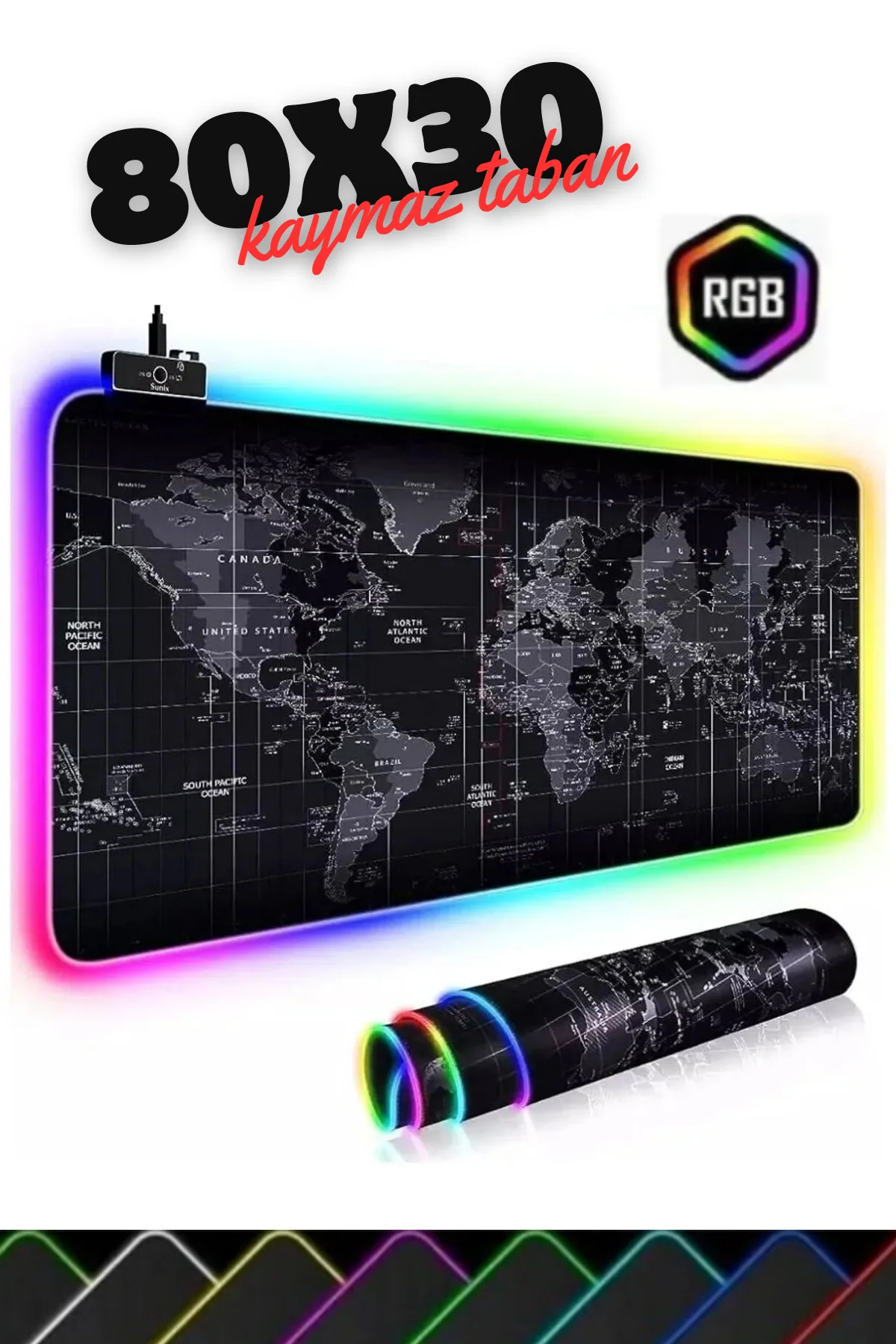 80x30 Rgb Dünya Desenli Mouse Pad Led Işıklı Su Geçirmez Dünya Desen Gaming Mousepad 80x30