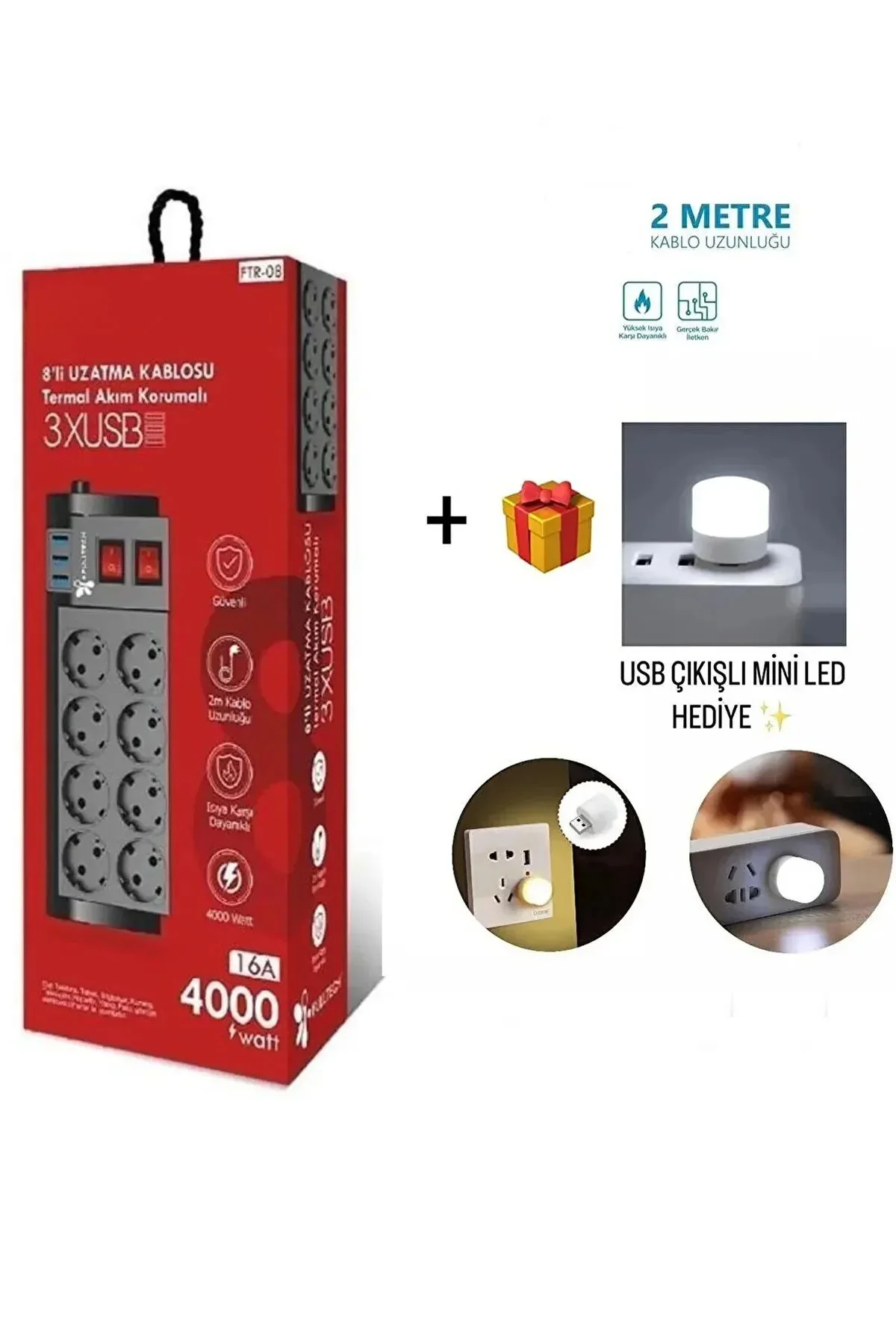 8'li Termal Akım Korumalı Priz 3 Usb Li - Çocuk Korumalı Sadece Elektronik Ürünler Için Uygundur
