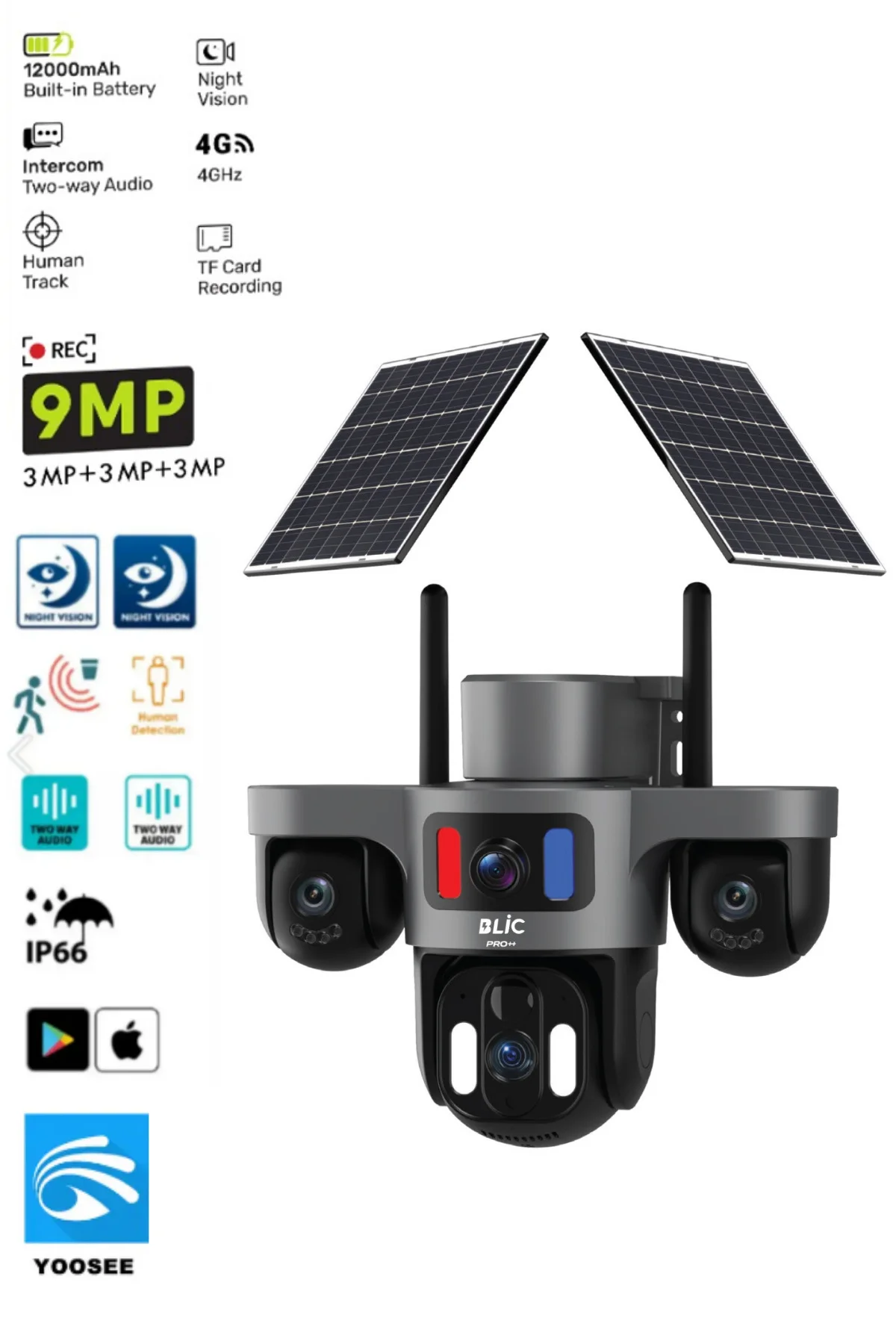 9MP Çift Solar Panel 7.5Wx2 3 Senkron Lens IP66 Sertifikalı Sensör Takip Yoosee Türkçe Solar Kamera