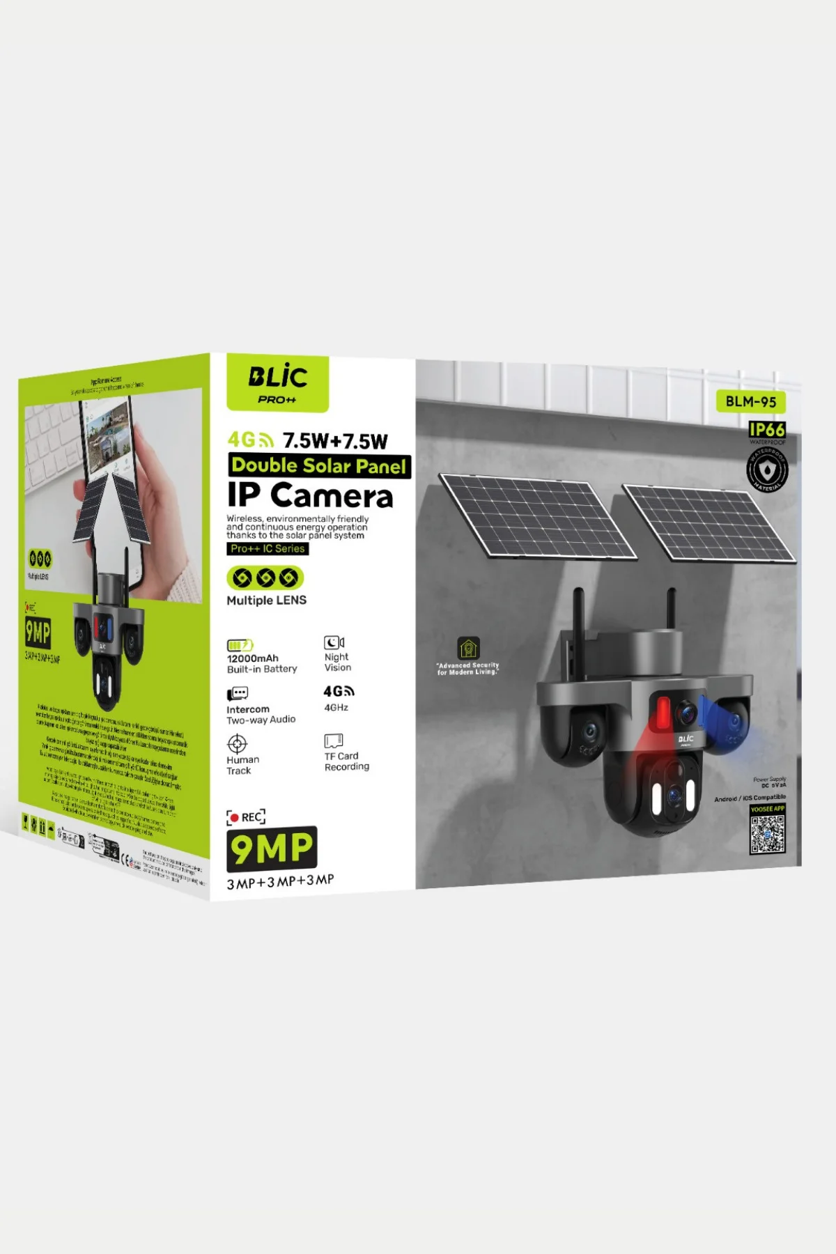 9MP Çift Solar Panel 7.5Wx2 3 Senkron Lens IP66 Sertifikalı Sensör Takip Yoosee Türkçe Solar Kamera