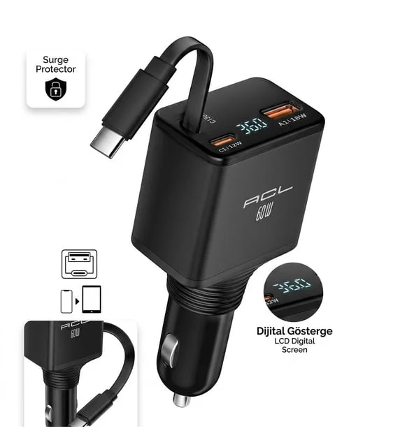 ACC-07 60W Real Fast Geri Çekilebilir USB-C Kablolu Dijital Göstergeli QC 3.0 PD Araç İçi Hızlı Şarj Cihazı