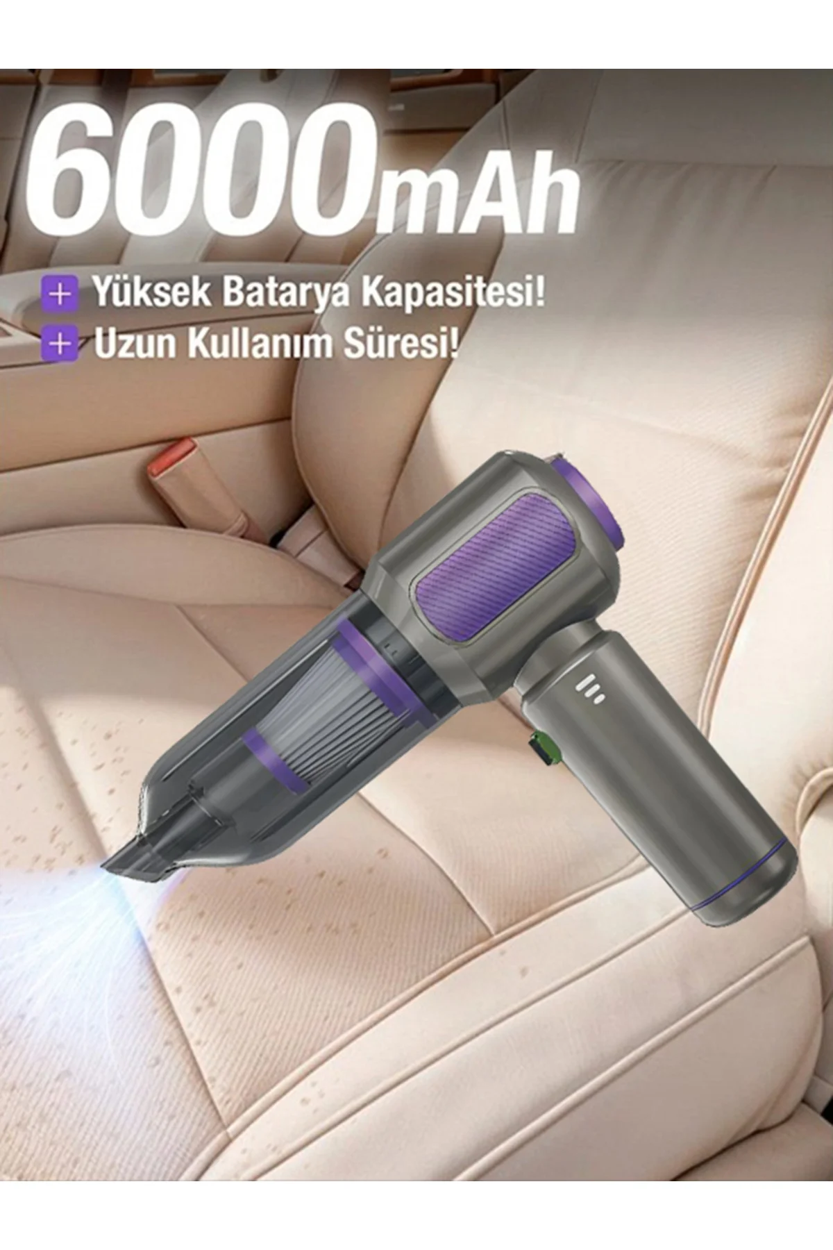 AHV-19 Kablosuz Araç İçi Süpürge Mor | 17000PA Güçlü Vakum | Fırçasız Motor | Üfleme & Vakum