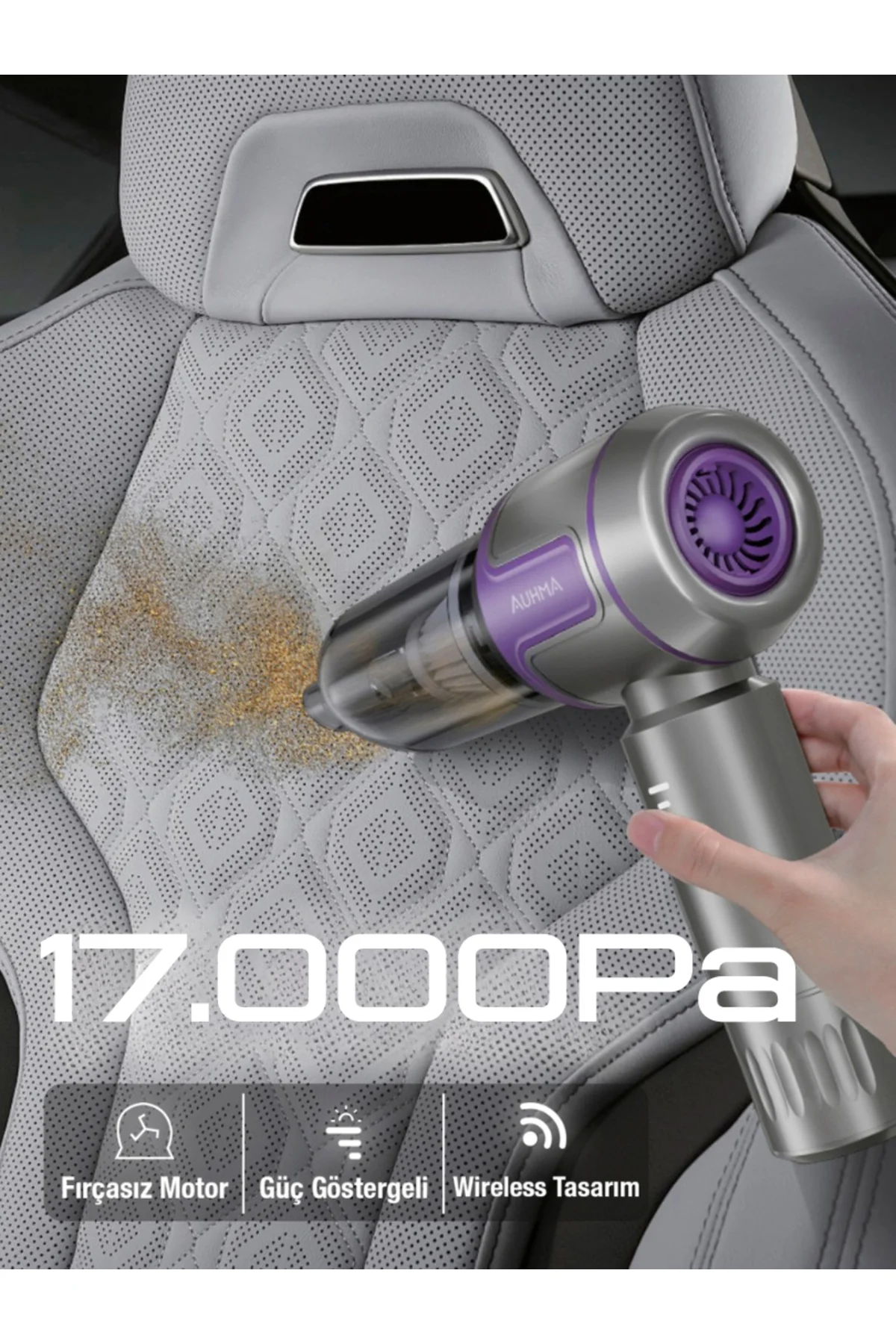 AHV-19 Kablosuz Araç İçi Süpürge Mor | 17000PA Güçlü Vakum | Fırçasız Motor | Üfleme & Vakum