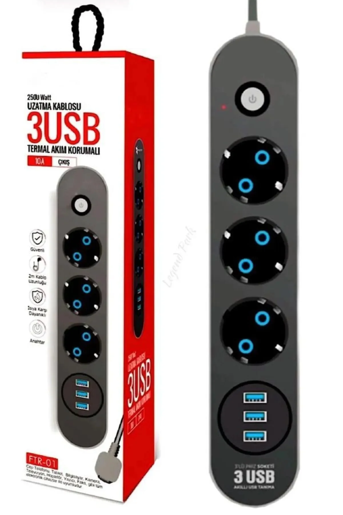 Akım Korumalı Grup Priz 3 Lü Ve 3'lü Usb Şarj Portu 2500 Watt Akım-korumalı-usb-priz- 2 Metre Uzatma