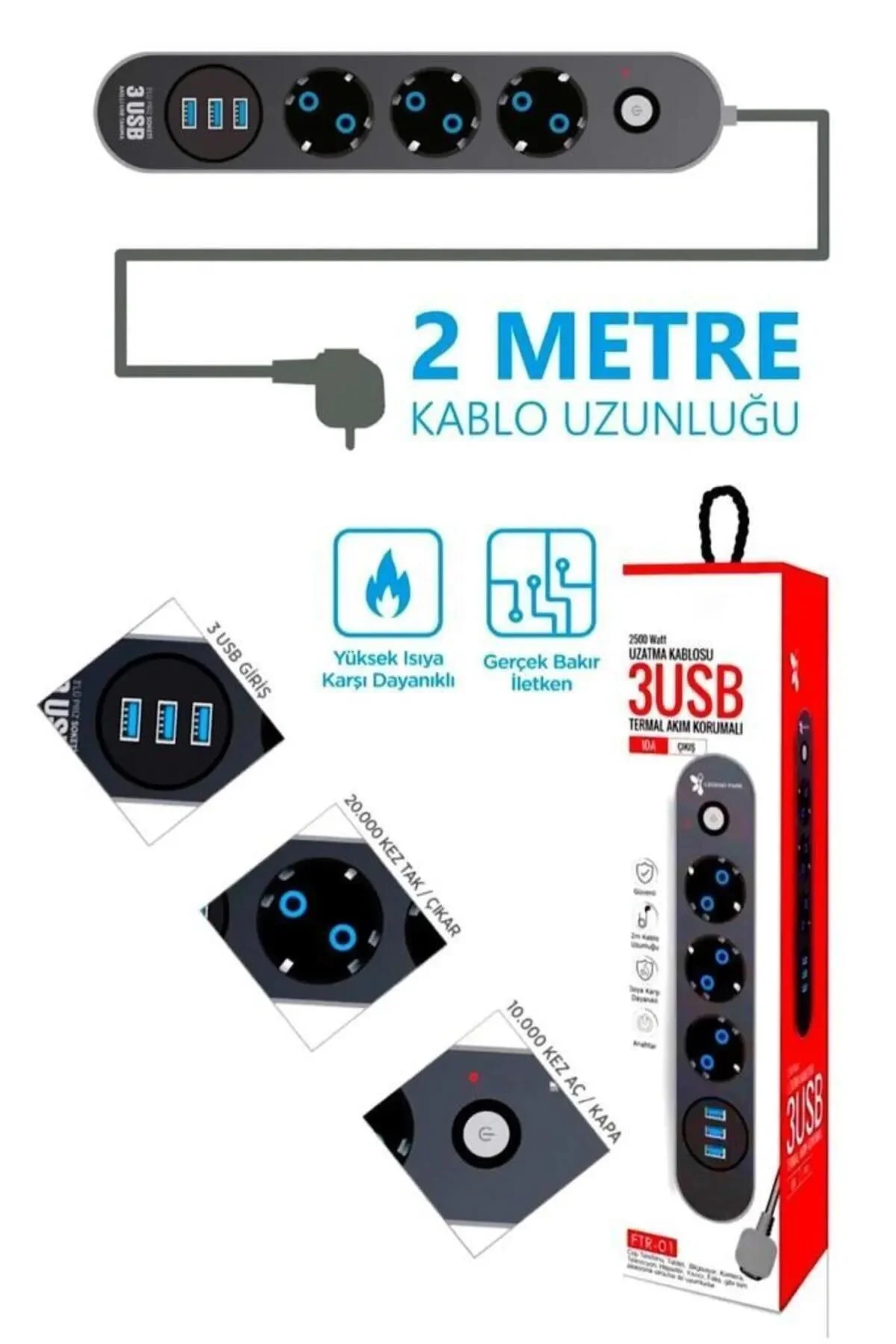 Akım Korumalı Grup Priz 3 Lü Ve 3'lü Usb Şarj Portu 2500 Watt Akım-korumalı-usb-priz- 2 Metre Uzatma