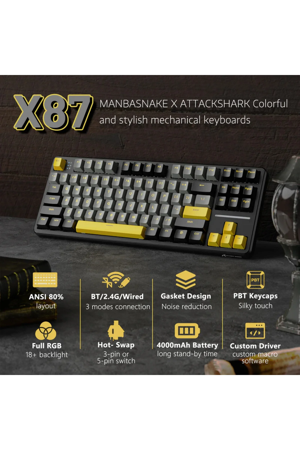 AttackShark X87 Star Black RGB App Uygulamalı SBerry Switch TriMode Profesyonel Gaming Oyuncu Klavye