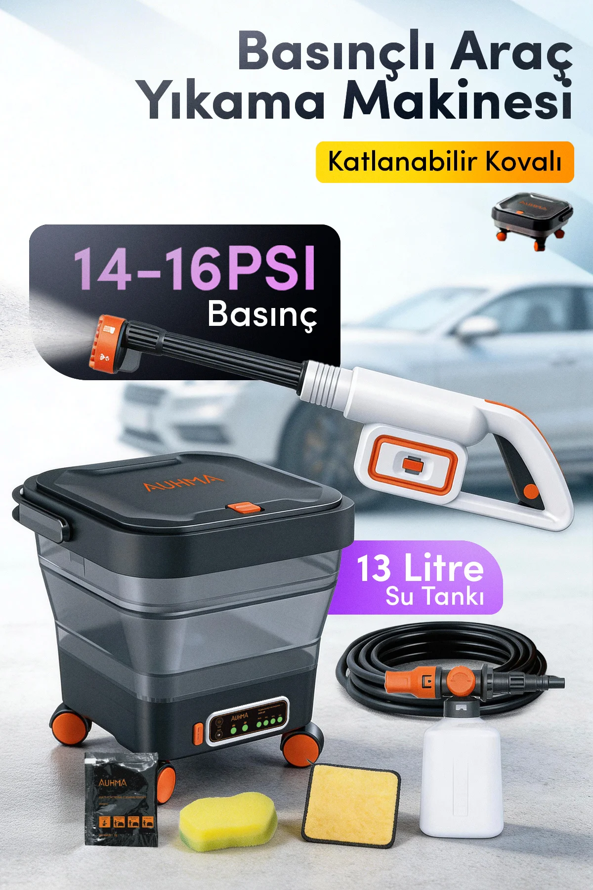 AUHMA ACR-08 Şarjlı Basınçlı Araç Yıkama Makinesi Seti – 15L Katlanabilir Tekerlekli Kova, Kablosuz