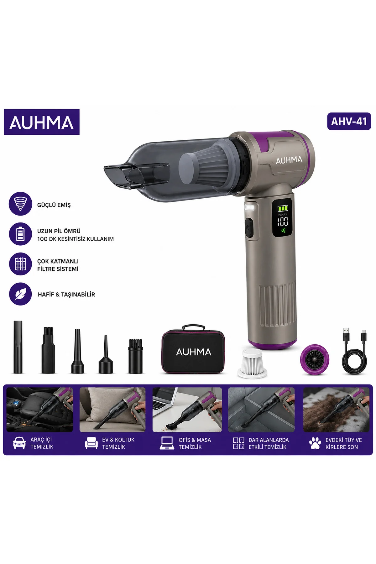 auhma AHV-41 20.000 Pa Kablosuz Araç Süpürgesi – 100W Güç, Dijital Ekran, LED Fener, Güçlü Süpürge G