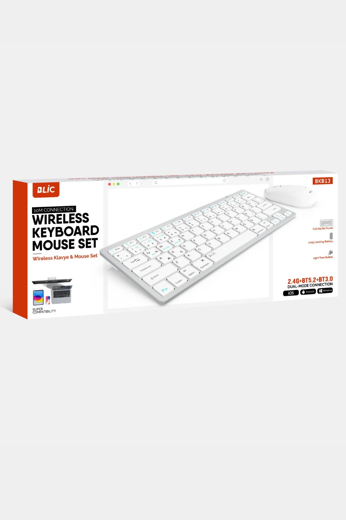 Beyaz Kablosuz Zarif Sessiz Tasarım Dual Mode 2.4G+BT5.2 Klavye Mouse Set İos Android Windows Uyumlu