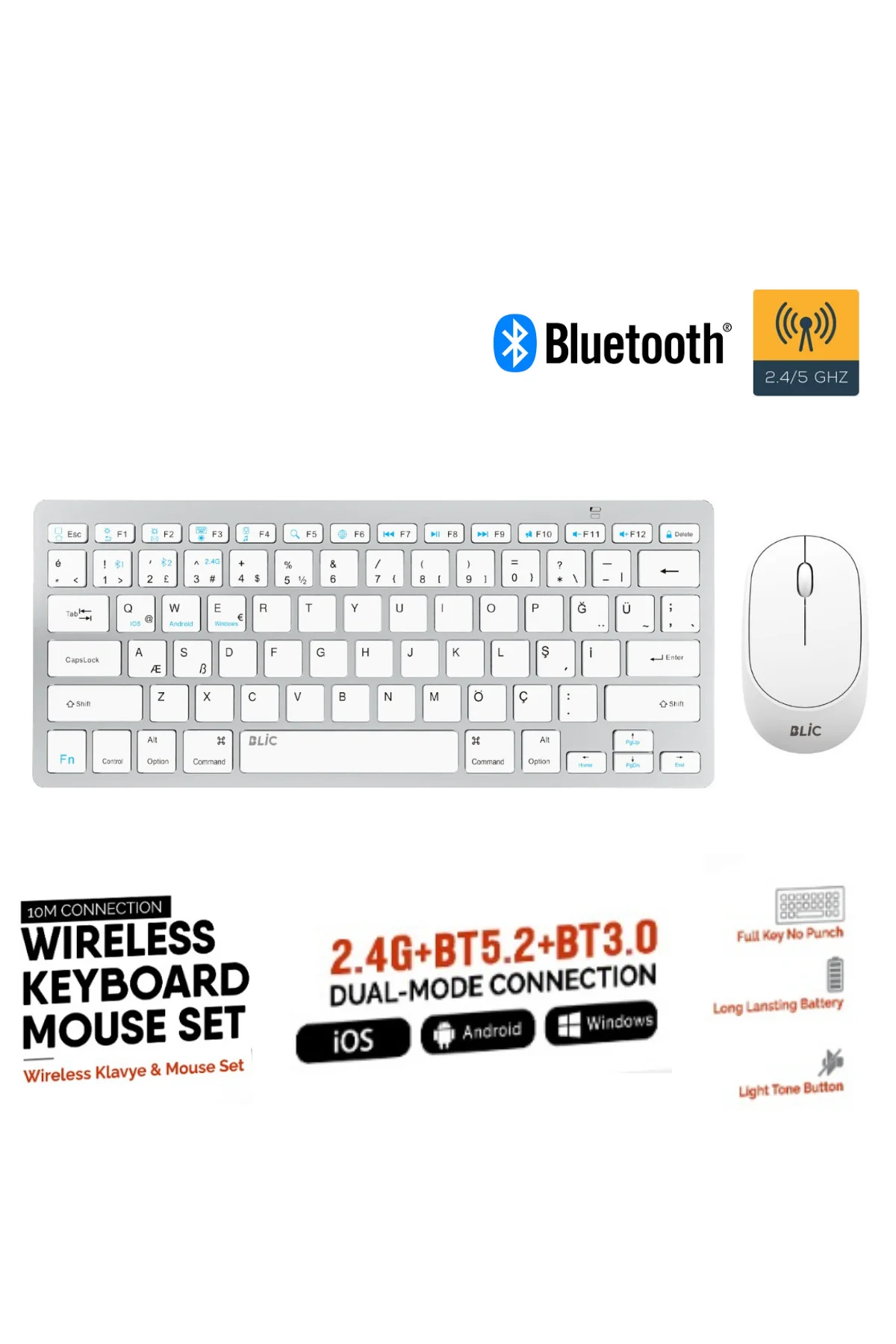 Beyaz Kablosuz Zarif Sessiz Tasarım Dual Mode 2.4G+BT5.2 Klavye Mouse Set İos Android Windows Uyumlu