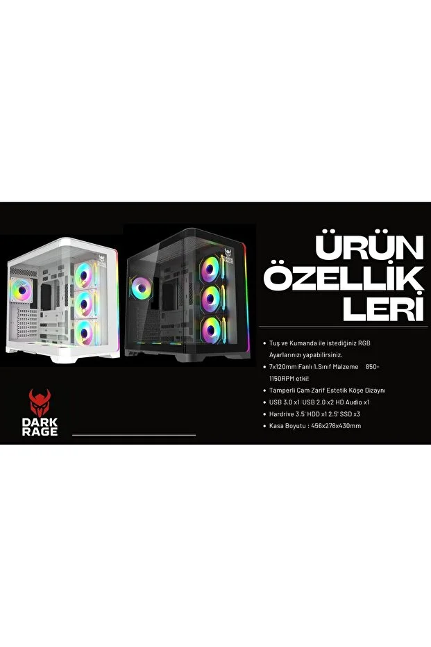 Beyaz/Siyah  RGB 7 Fanlı 7x120mm Kumanda + Tuş Kontrollü 1x Type-c 2x Usb Gaming Akvaryum Oyuncu Kasası