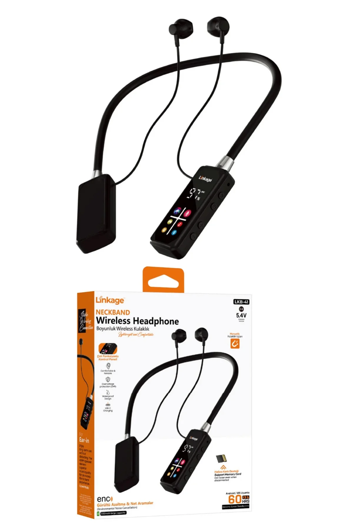 Boyun Askılı Kablosuz Bluetooth Kulaklık Sporcu Mikrofonlu Dijital Ekranlı -ENC Gürültü Azaltma & SD Kart