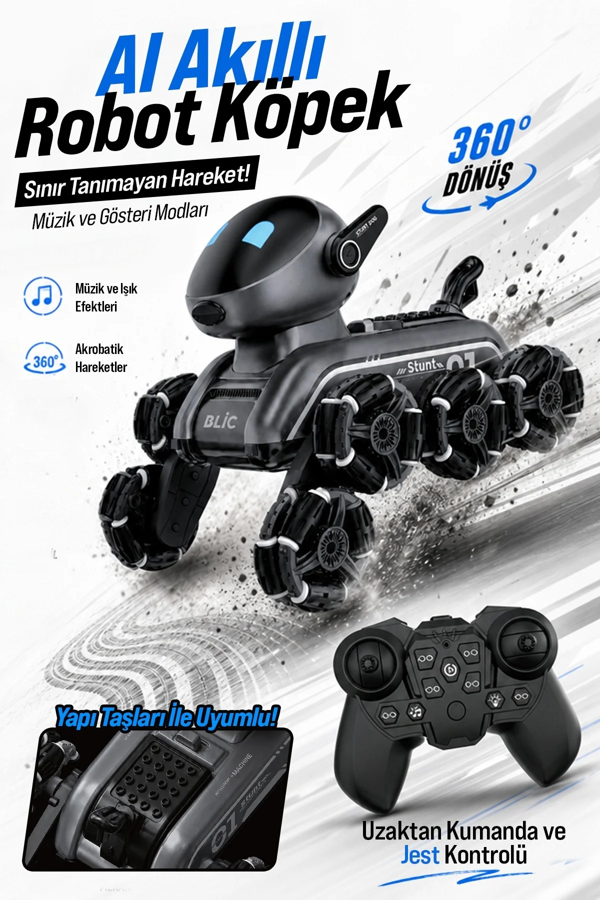 BRB3 AI Robot Dog Akıllı Robot Köpek – 2.4GHz Uzaktan Kumandalı, 360° Omni Tekerlekli, Drift ve