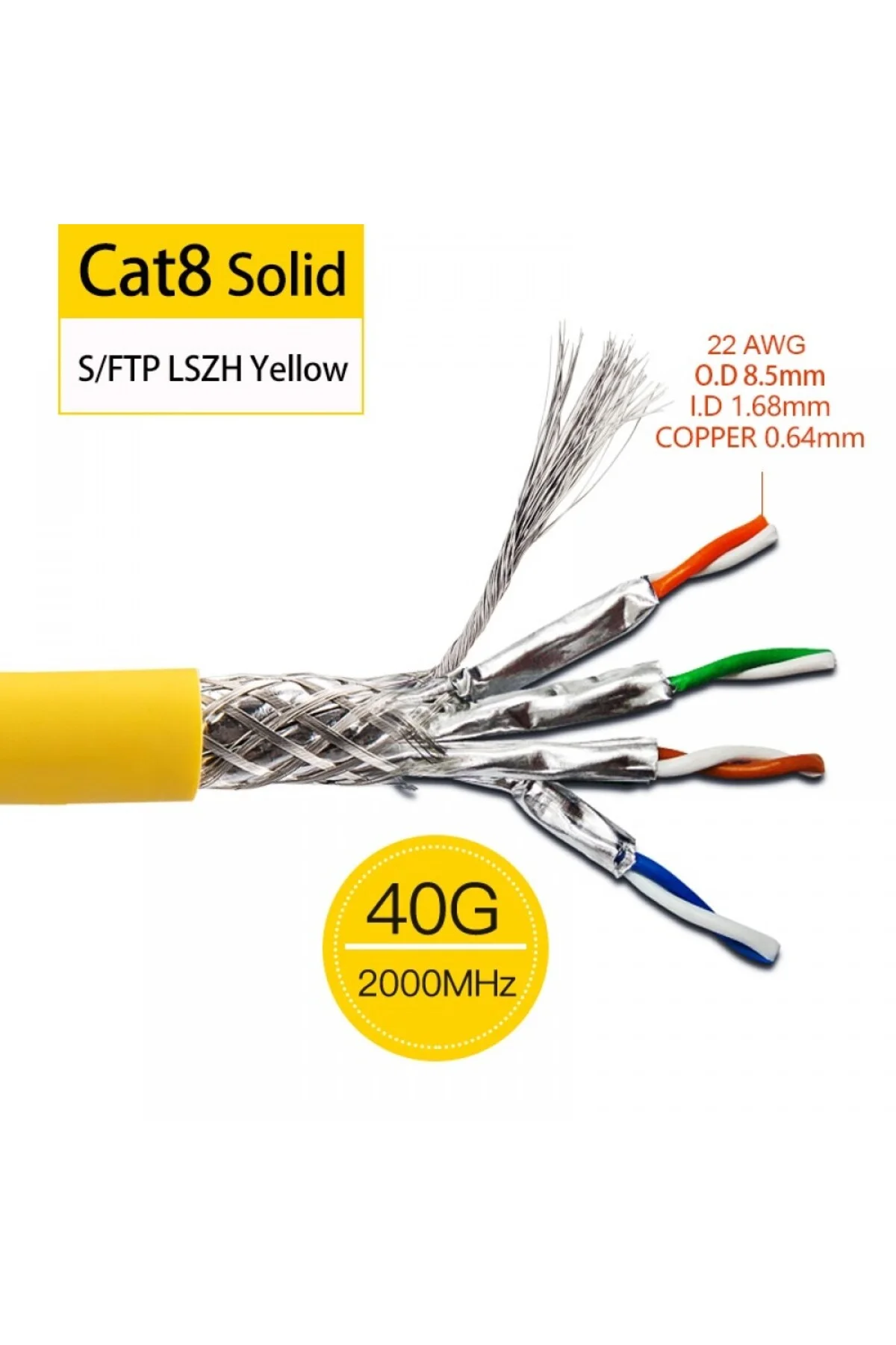 CAT8 20 Metre Premium Süper Hızlı Ethernet Kablosu 40 Gigabit/S 2000Mhz Metal Zırhlı RJ45 Lan Kablo