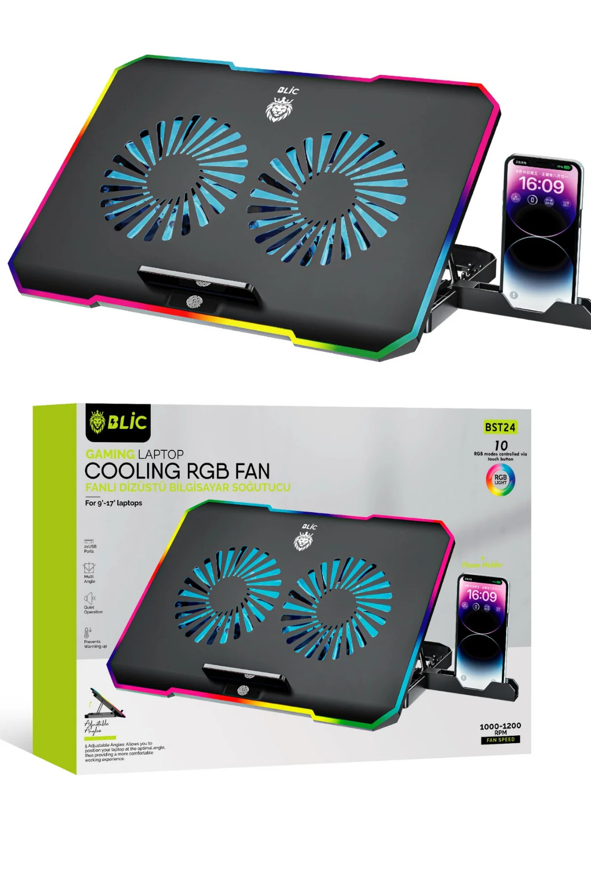 Çift Fanlı 9-17'' Uyumlu RGB Gaming Laptop Soğutucu Cooling Pad Ayarlanabilir Notebook Altlığı