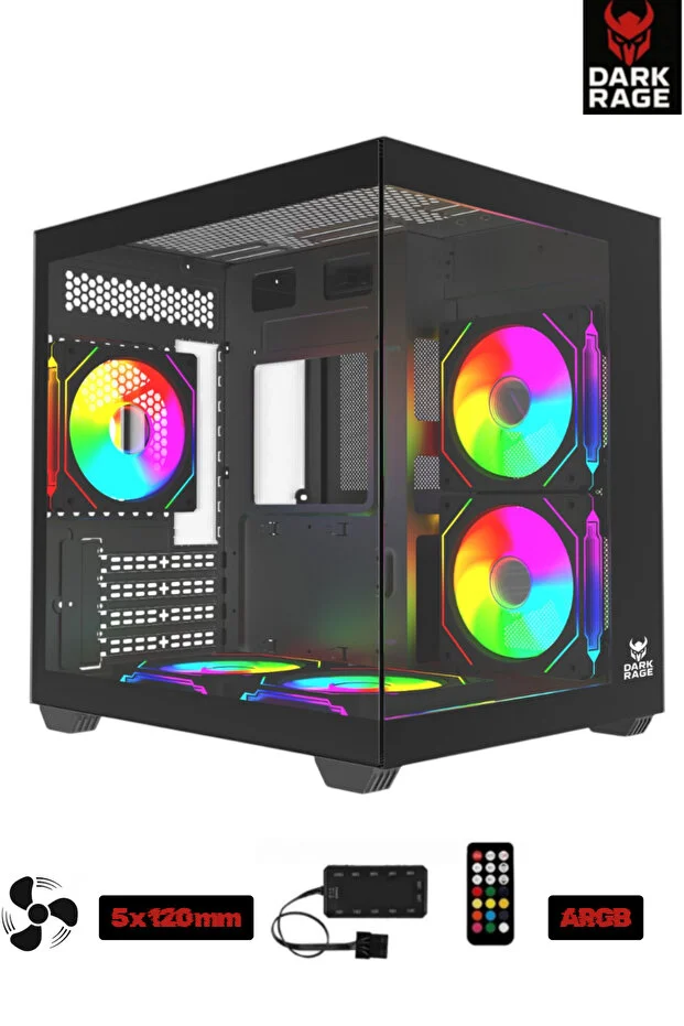 Darkrage Beyaz/Siyah 5 Fanlı 120mm ARGB Tuş+Kumanda Temperli Cam Mini Gaming Oyuncu Bilgisayar Kasası