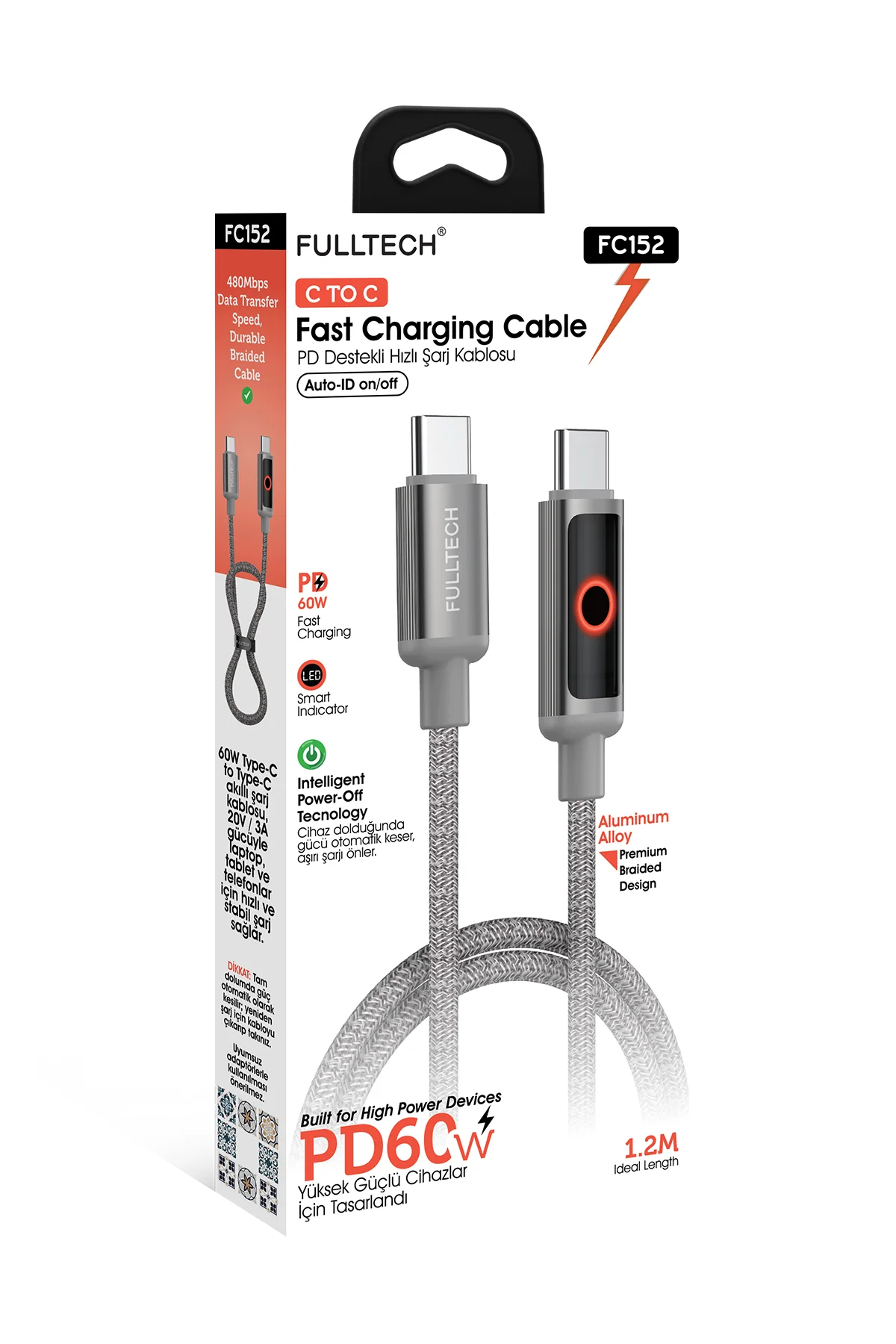 FC152 Type-C to Type-C PD 60W Hızlı Şarj Kablosu 1.2M – 480Mbps Veri Transferi, LED Gösterg