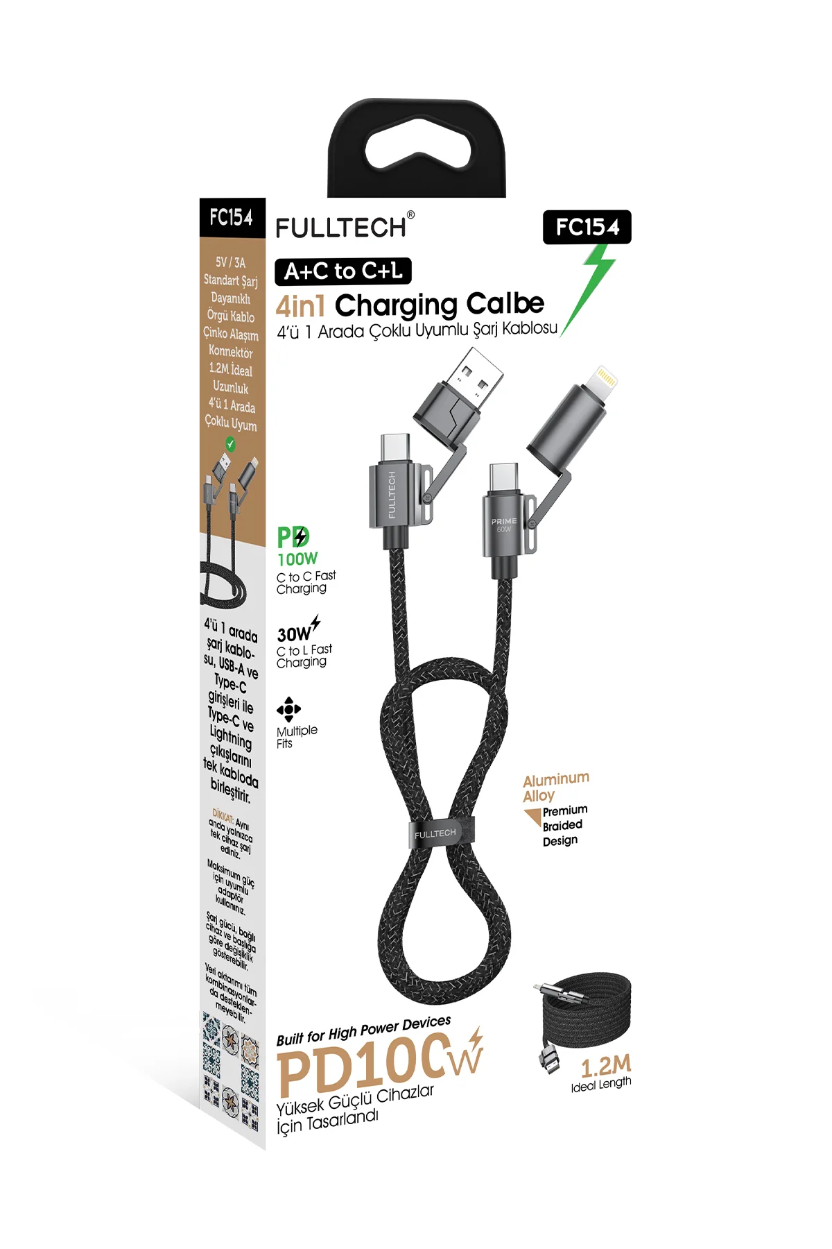 FC154 4’ü 1 Arada Şarj Kablosu PD 100W Type-C & Lightning Hızlı Şarj Kablo (A+C to C+L, 1.2