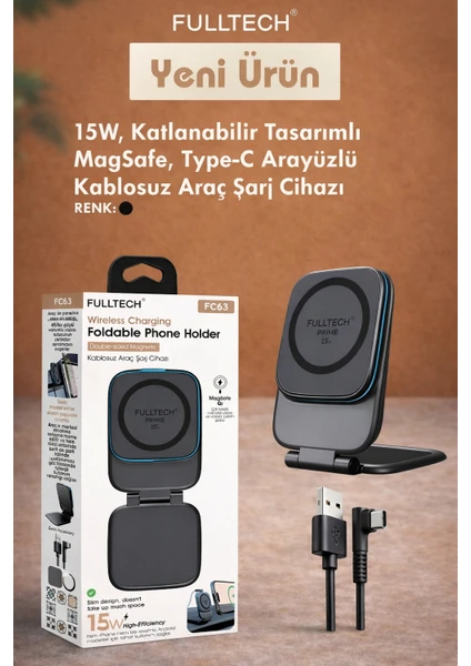 FC63 15W Magsafe Araç Içi Kablosuz Şarj Cihazı Katlanabilir Stand Type-C Hızlı Şarjlı Telefon Tutucu