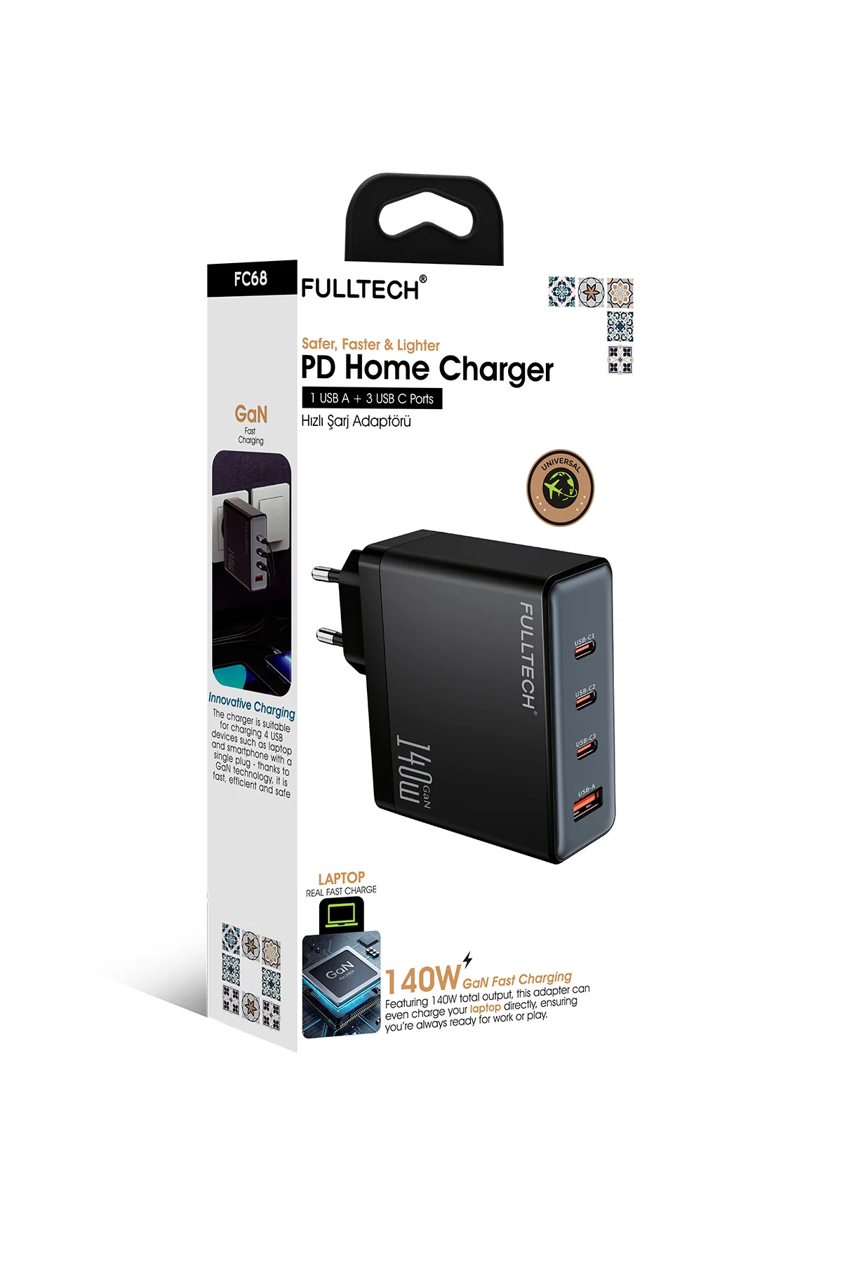 FC68 140W GaN Hızlı Şarj Adaptörü | 1x USB-A + 3x USB-C Port | PD Süper Hızlı Laptop ve Tel