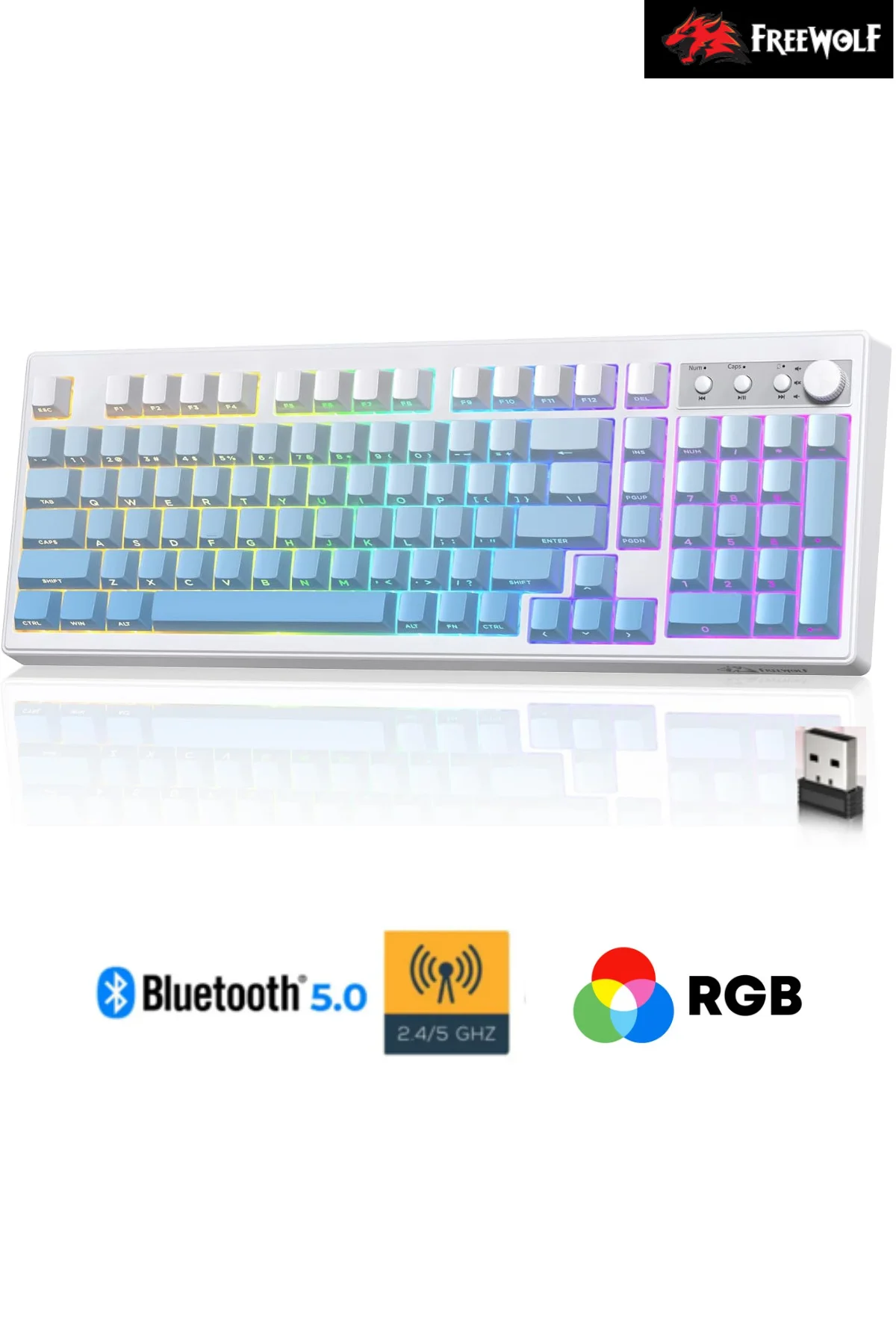 Freewolf K100 102 Tuş RGB Mebran Kablosuz BT+2.4Ghz Triple Mod Gaming Oyuncu Klavyesi