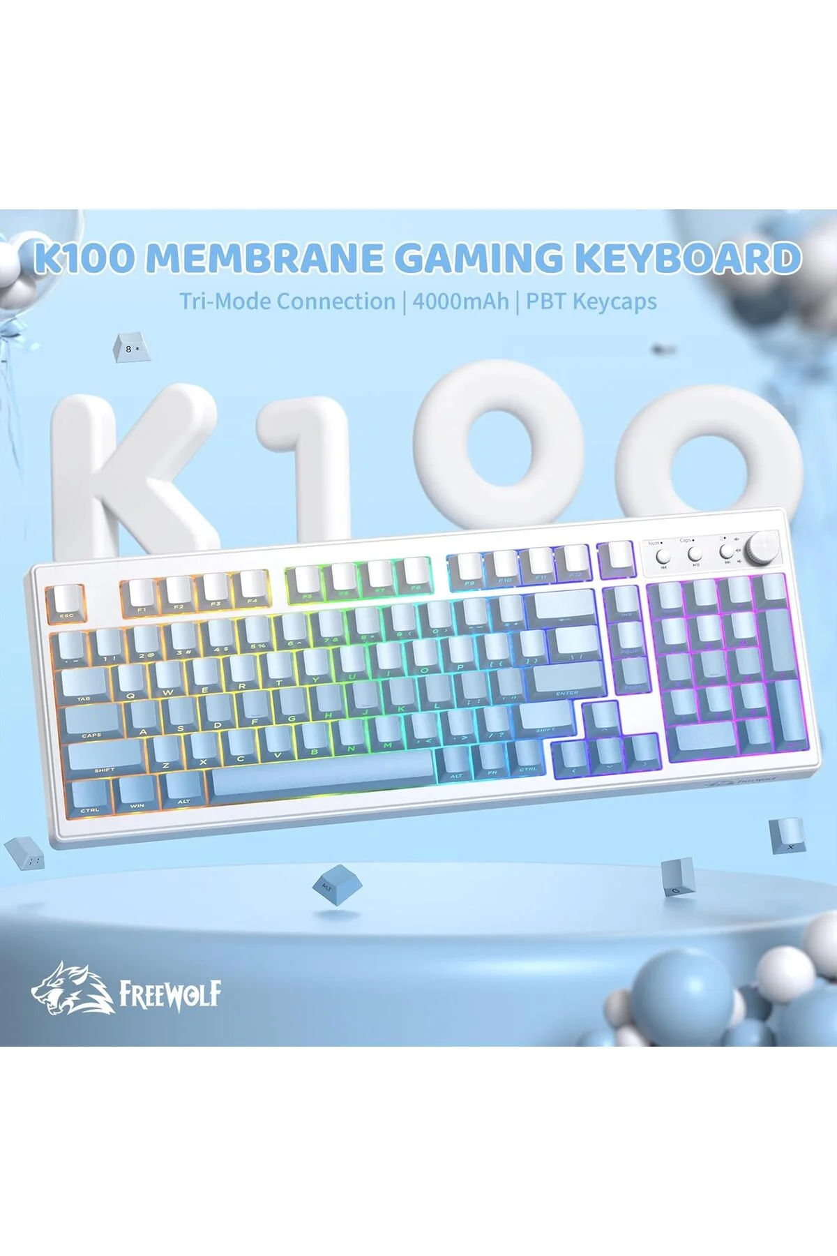 Freewolf K100 102 Tuş RGB Mebran Kablosuz BT+2.4Ghz Triple Mod Gaming Oyuncu Klavyesi