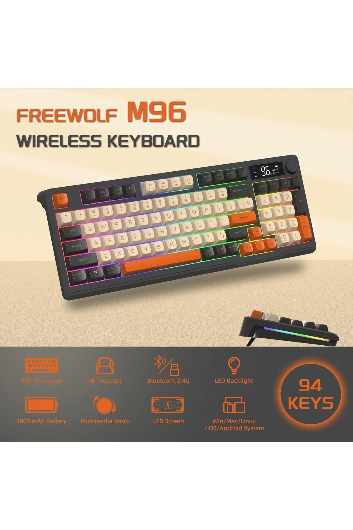 Freewolf M96 2.4g Bt5.0 Çift Bağlantılı Tft Led Ekranlı Reinbow Gaming Oyuncu Klavye