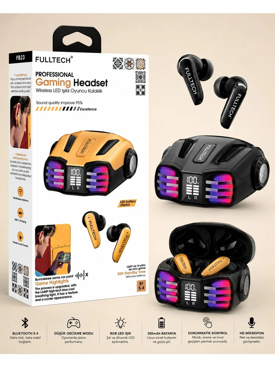 Fulltech FB23 Bluetooth 5.4 Gaming Kulaklık – LED Işıklı, Düşük Gecikmeli, 300MAH Şarj Kutulu Tws Oyuncu Kulaklığı