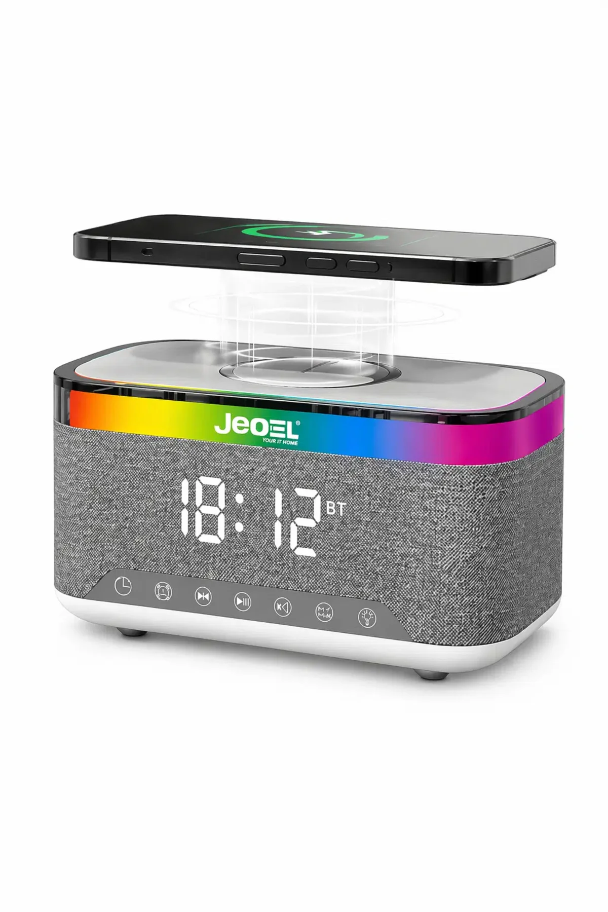 Gri Anstrasit 15W Hızlı Sarj Özellikli Bluetooth Hoparlör RGB Gece Lambalı Kablosuz Şarjlı Alarmlı Saat