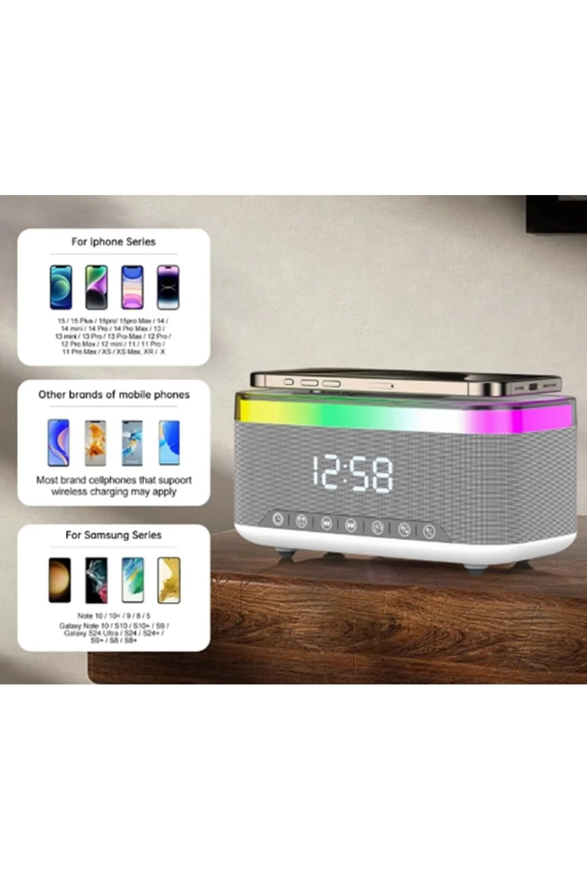 Gri Anstrasit 15W Hızlı Sarj Özellikli Bluetooth Hoparlör RGB Gece Lambalı Kablosuz Şarjlı Alarmlı Saat
