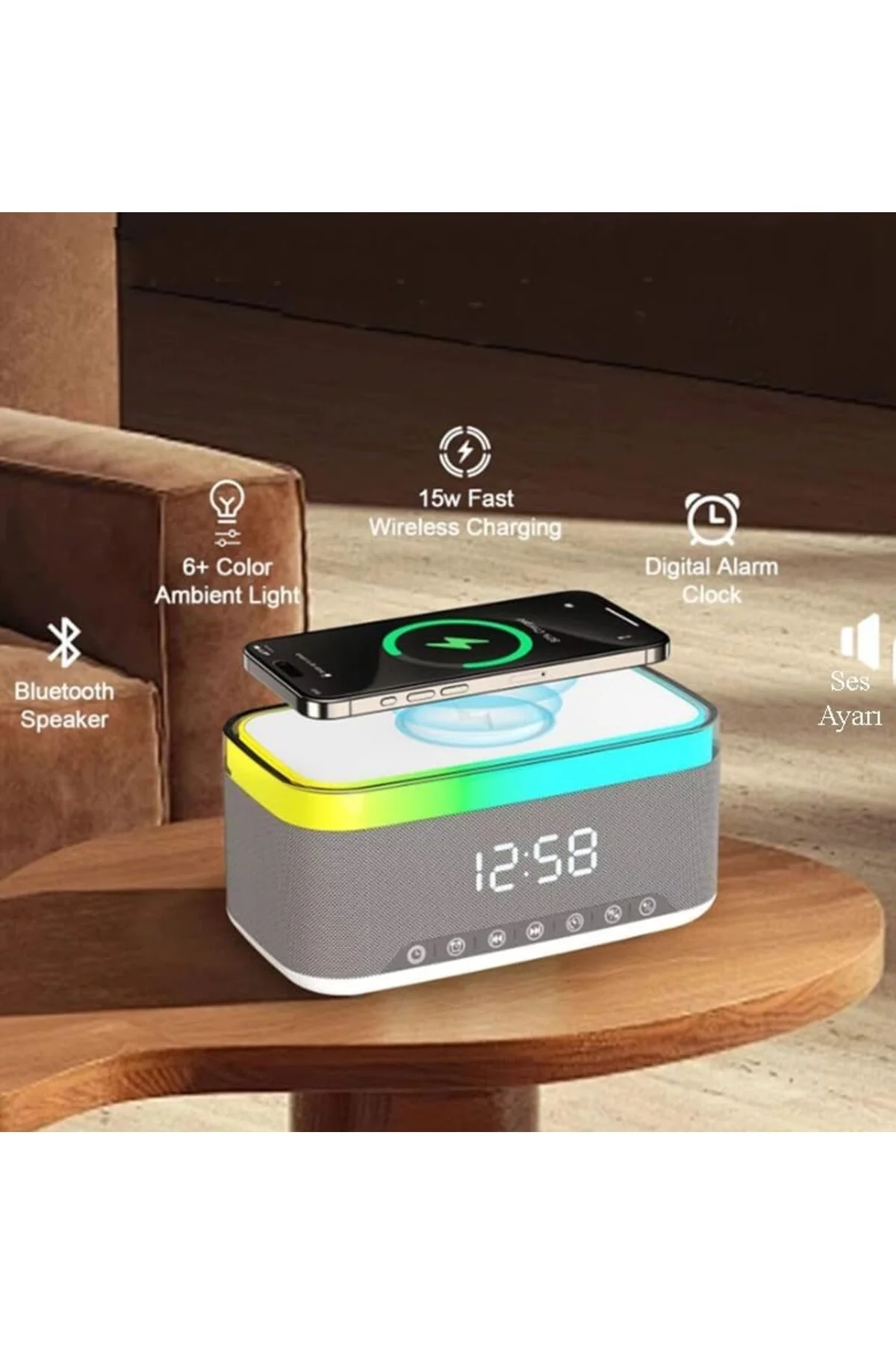Gri Anstrasit 15W Hızlı Sarj Özellikli Bluetooth Hoparlör RGB Gece Lambalı Kablosuz Şarjlı Alarmlı Saat