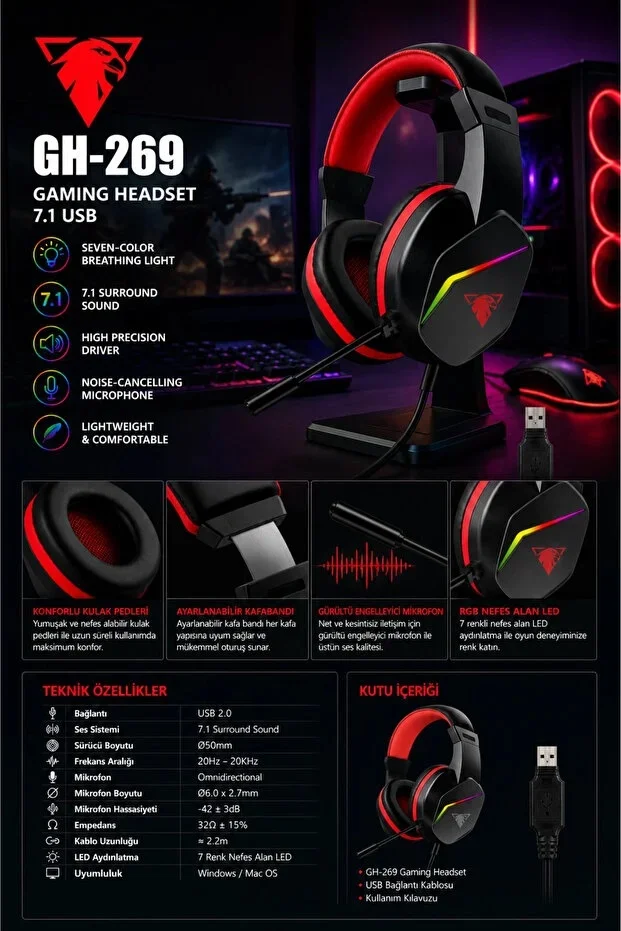 Jedel Gaming GH-269 7.1 USB Mikrofonlu RGB Oyuncu Kulaklığı - Siyah/Kırmızı