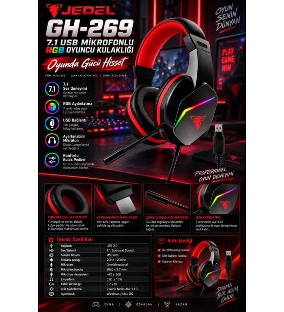 Jedel Gaming GH-269 7.1 USB Mikrofonlu RGB Oyuncu Kulaklığı - Siyah/Kırmızı