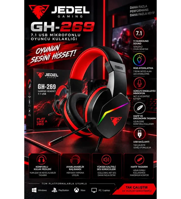 Jedel Gaming GH-269 7.1 USB Mikrofonlu RGB Oyuncu Kulaklığı - Siyah/Kırmızı
