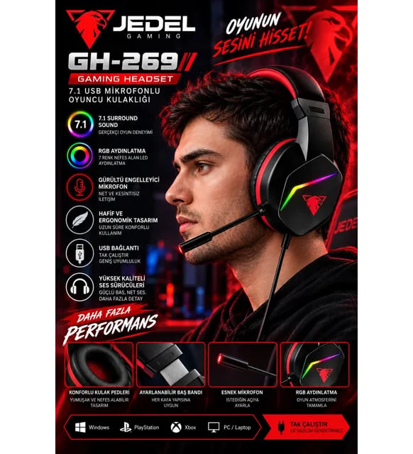 Jedel Gaming GH-269 7.1 USB Mikrofonlu RGB Oyuncu Kulaklığı - Siyah/Kırmızı