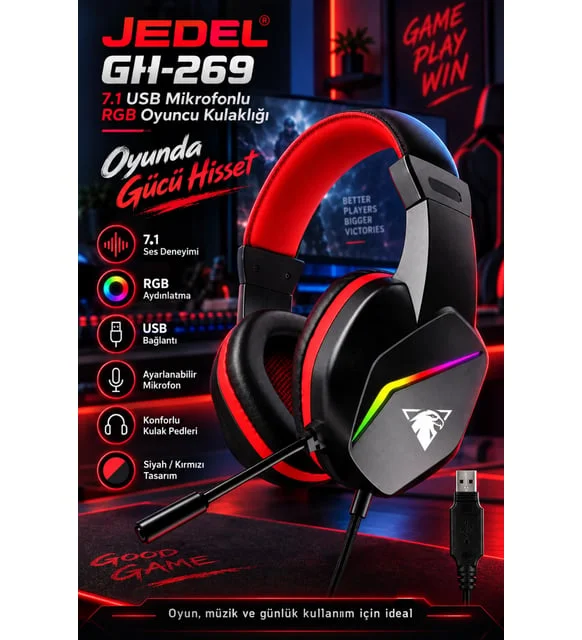 Jedel Gaming GH-269 7.1 USB Mikrofonlu RGB Oyuncu Kulaklığı - Siyah/Kırmızı