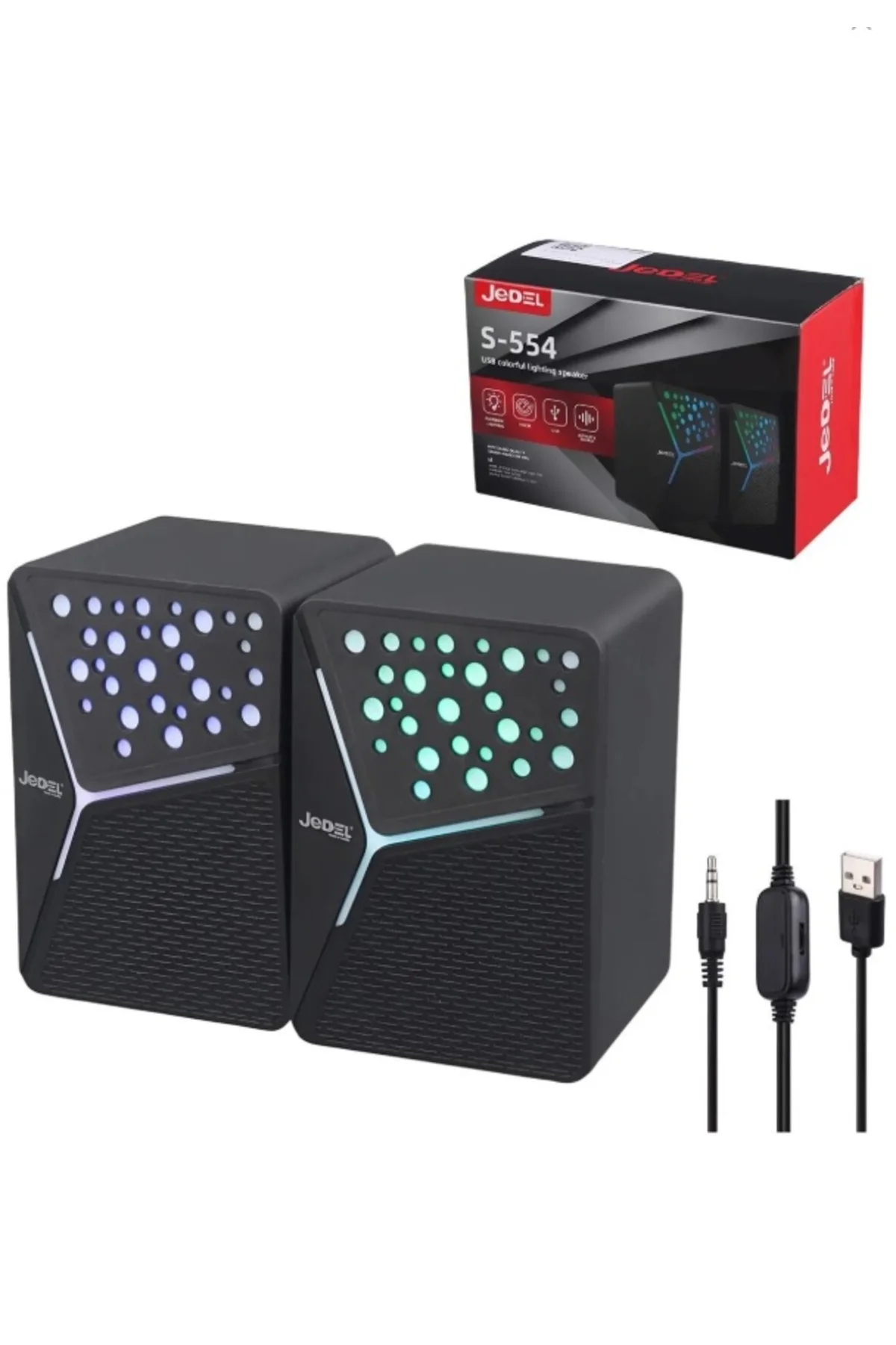 Jedel S-554 Nokta Desenli RGB Işıklı 1+1 Masaüstü Bilgisayar Hoparlörü (USB + 3.5mm AUX)